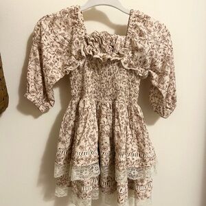 Rylee + Cru | Tan Smocked Floral Square Neck Puff Sleeve Dress
